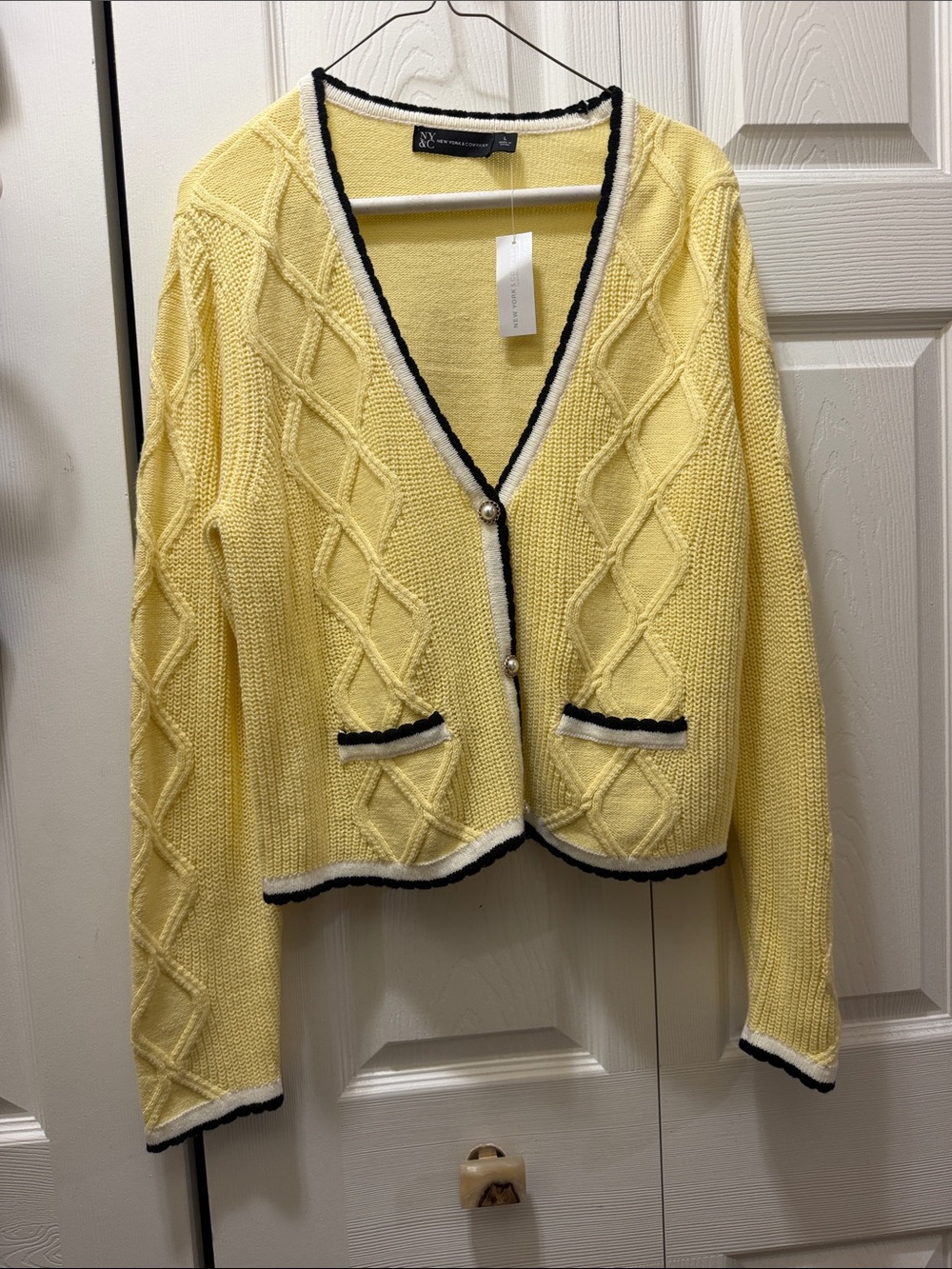Yellow Cable-Knit V-Neck Cardigan with Trim